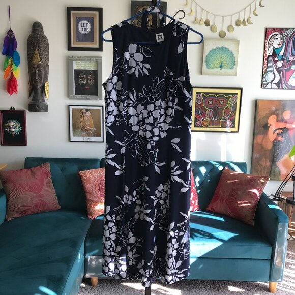 ANNE KLEIN size 12 Navy Blue & White Floral Matte Jersey Sleeveless Midi Dress - Picture 1 of 4